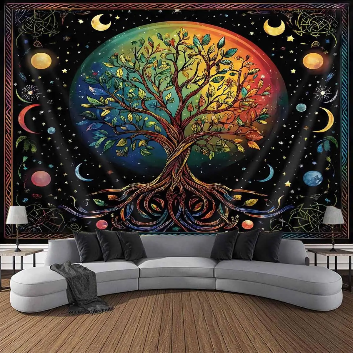 Moon Phase Tree of Life Tapestry – Galaxy, Sun & Floral Boho Mandala Wall Art for Bedroom, Living Room or Dorm