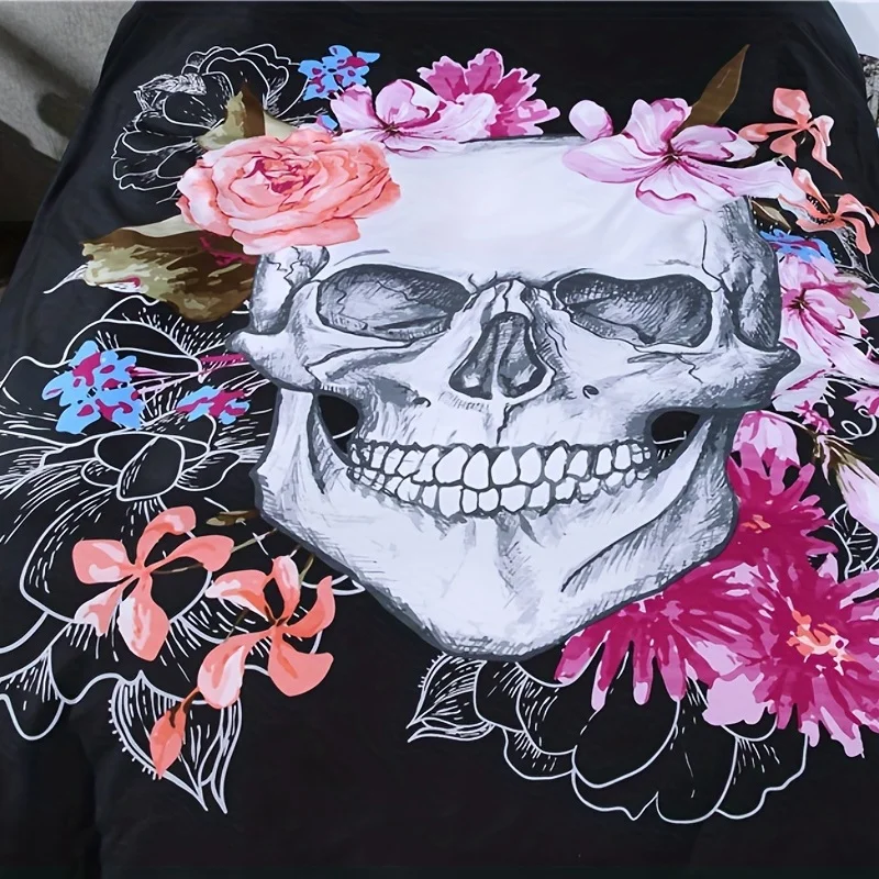 3D Pattern Effect Skull Flower Skull Bride Bedding Set Duvet Cover with Pillowcase Bedding Three-Piece Bedroom Decor Set Small