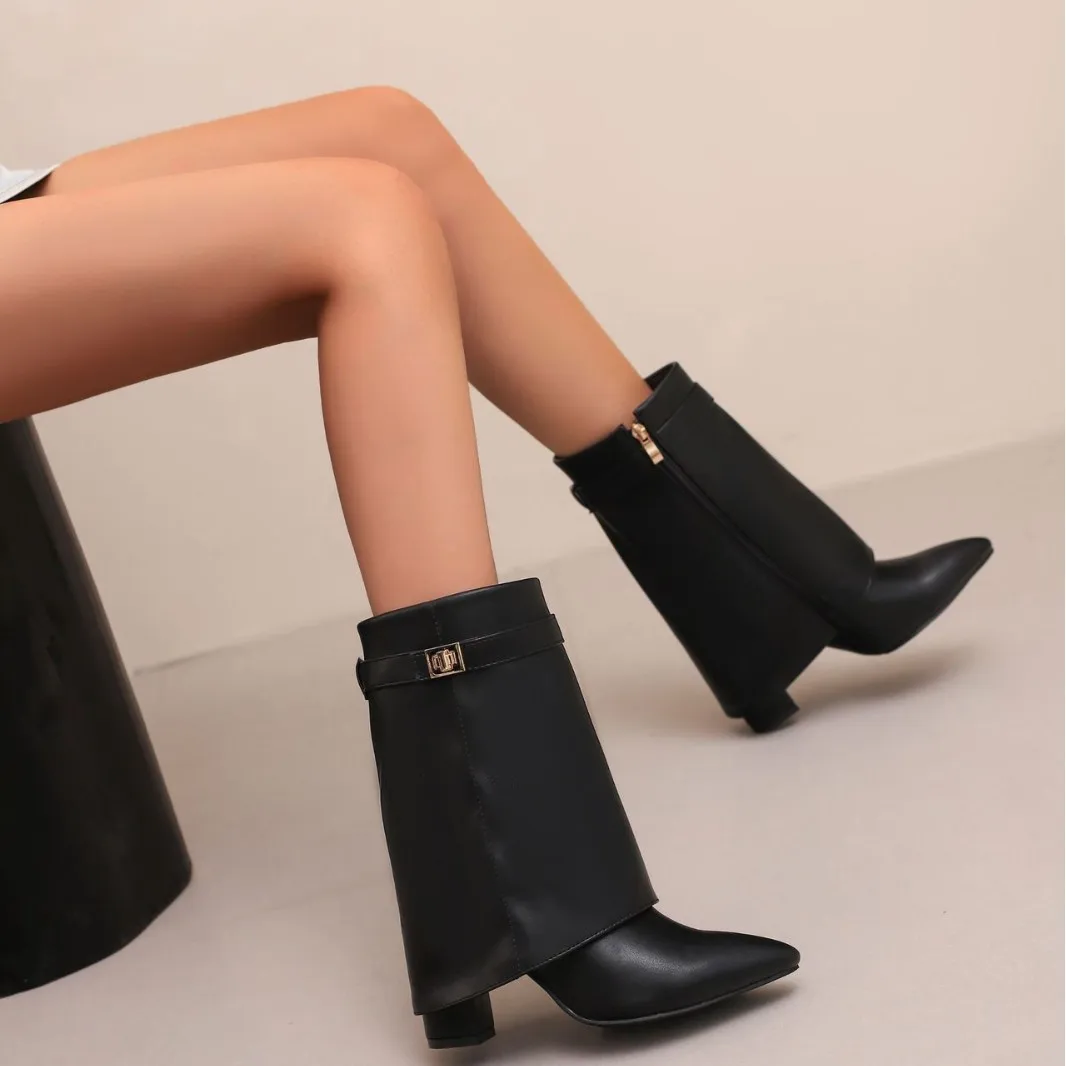 

Осенне-зимние новые ботильоны с острым носком и металлической пряжкой, женские ботинки, модные ботинки средней длины, большой размер