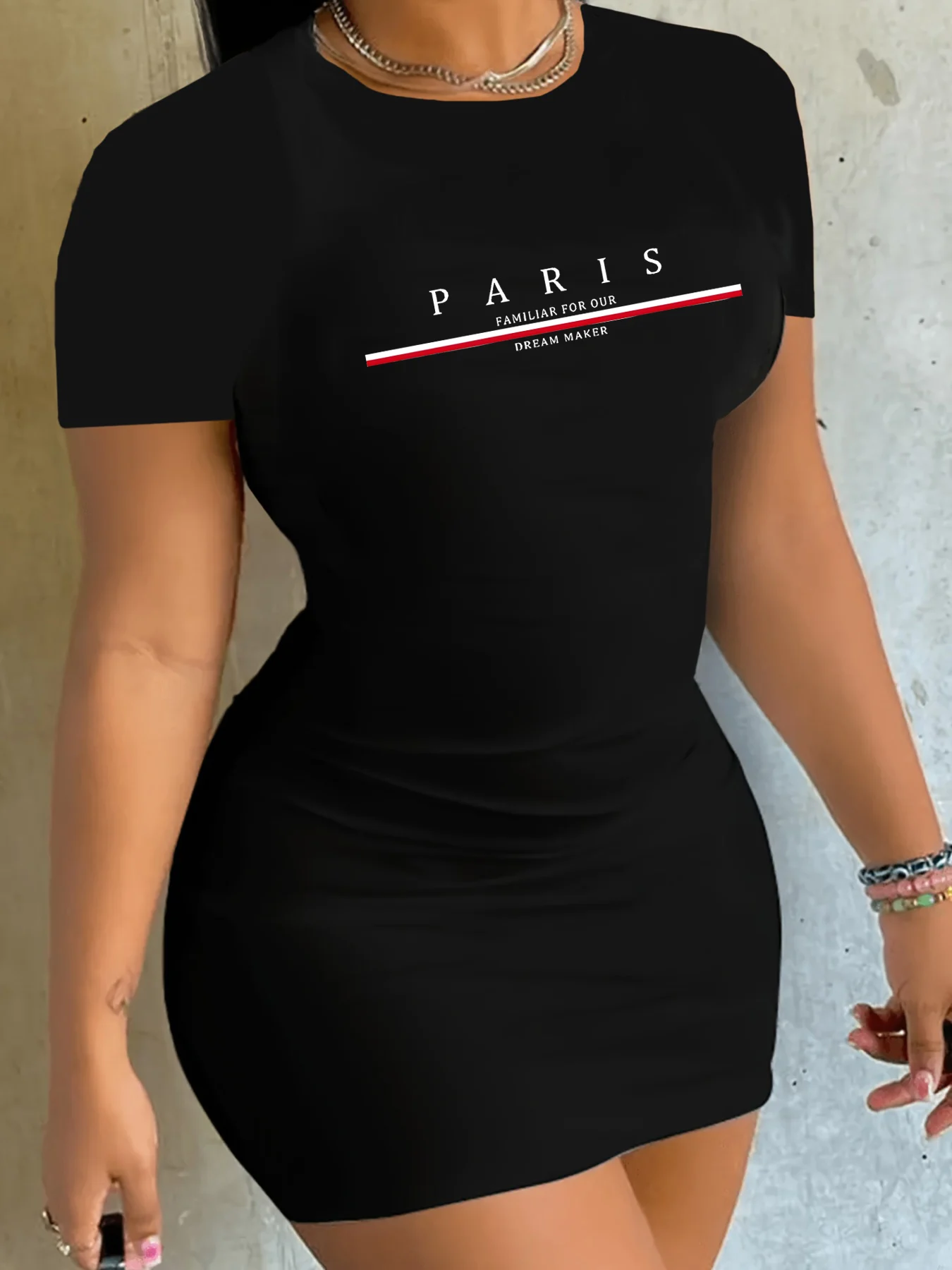 Été femmes à la mode Paris lettre motif imprimé décontracté sexy coupe ajustée serré à manches courtes col rond T-shirt mini jupe