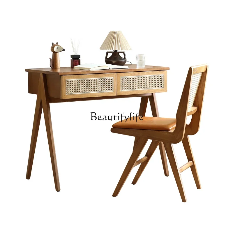 

Wabi Sandy Wind Solid Wood Desk Integrated Makeup Table Nordic Creative Rattan Dresser