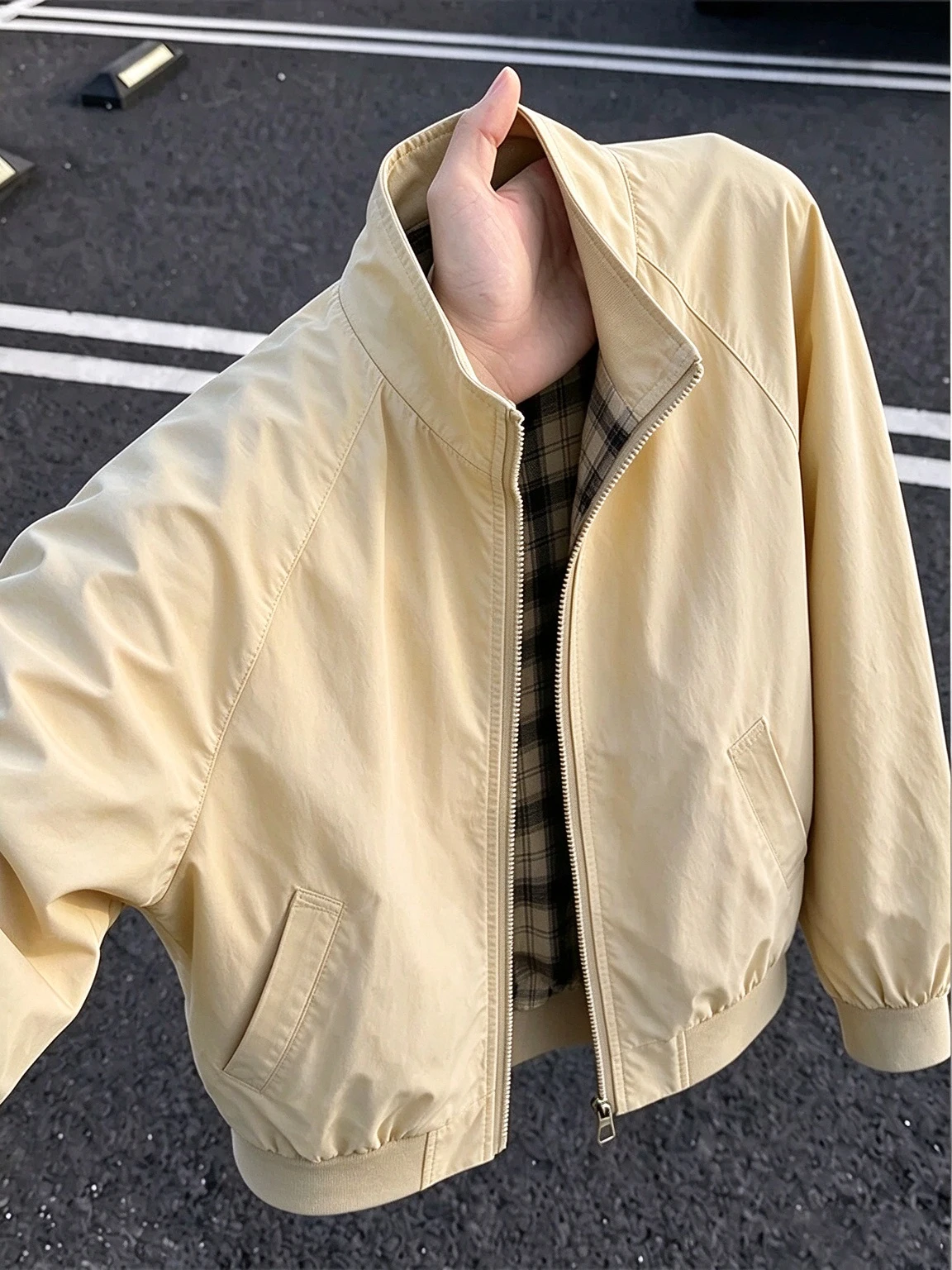 Vintage American Style Men's Baseball Jacket Loose Harington Checkered  Casual Autumn Outerwear Long Sleeve Zipper