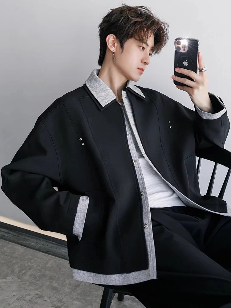 Two-Tone Paneled Jacket Men Black-White Chic Oversized CoatDark Street Style Layered Jacket Fall Slouchy Rivet Accent Outerwear