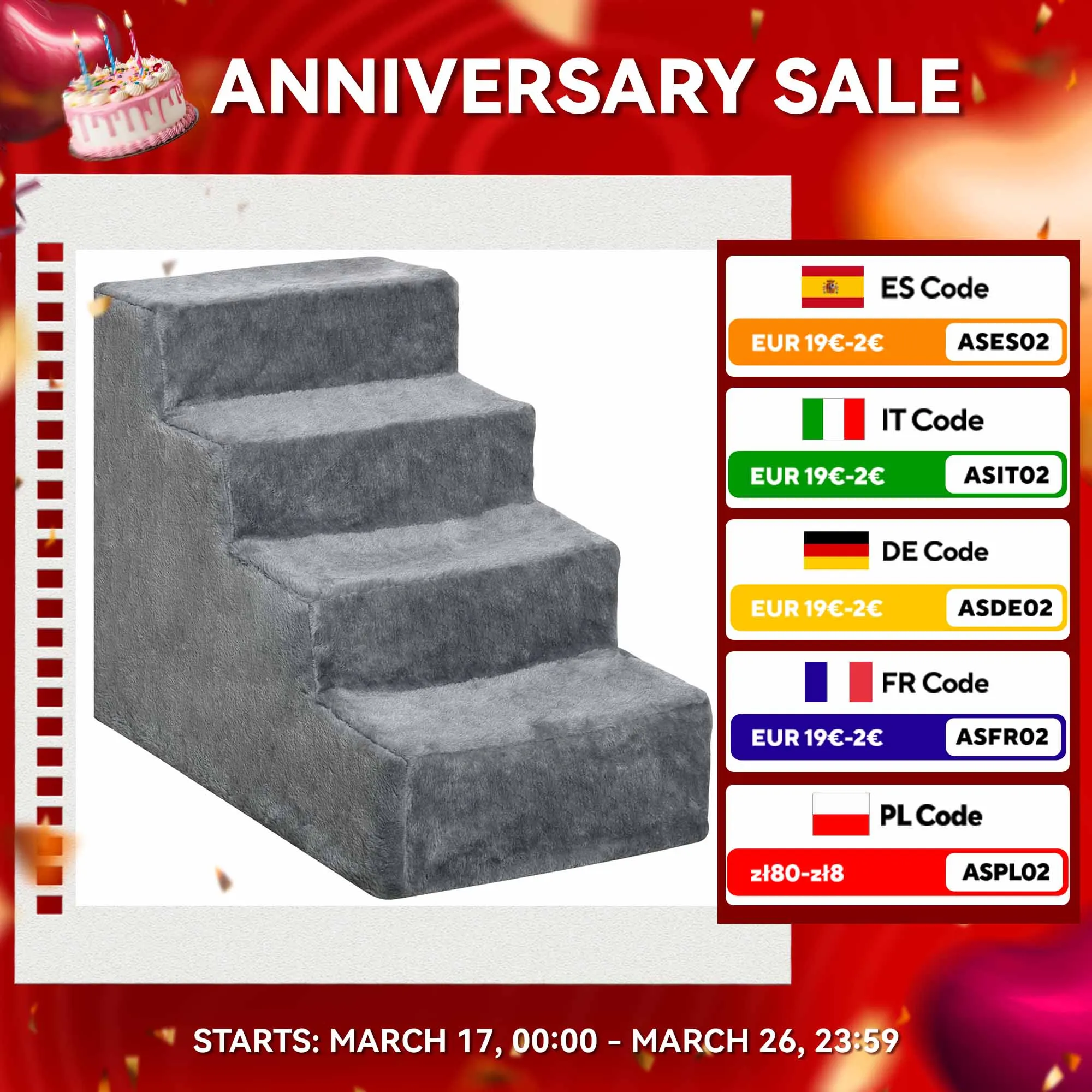 PawHut scala per animali domestici a 4 gradini con coperchio rimovibile 60x35x44 cm grigio