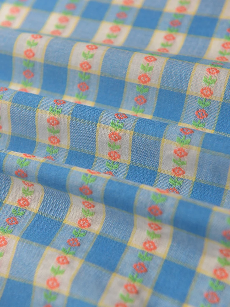 Orange Floral Blue and White Check Cotton Linen Fabric for DIY Summer and Autumn Cardigans, Shirts, Dresses and Skirts 140x50cm