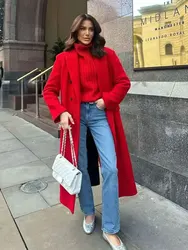 HH Women's Fashion Winter Thick Windbreaker Solid Red Long Blended Button Woolen Long Sleeve Button Female Loose Retro Coat