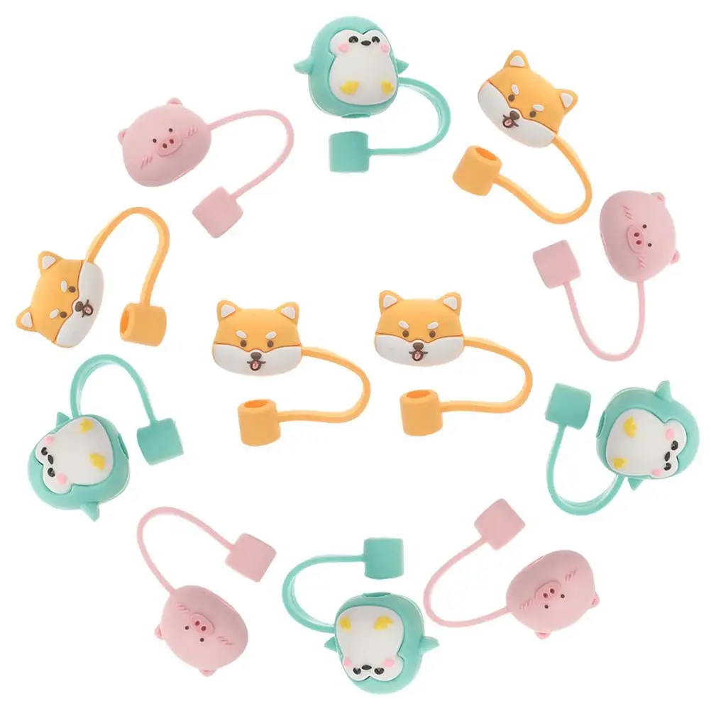 

12 Pcs Silicone Straw Tips Cover 8mm Penguin Shiba Pig Dust Plug for Milk Tea Party Supplies Straw Cap Decorations