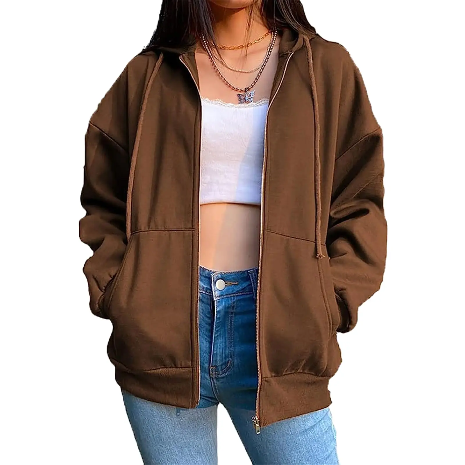 DZ-DZ Women Y2K Full Zip Up Hoodie Casual Long Sleeve Drawstring Drop Shoulder Solid Hooded Sweatshirt Jacket with Pockets