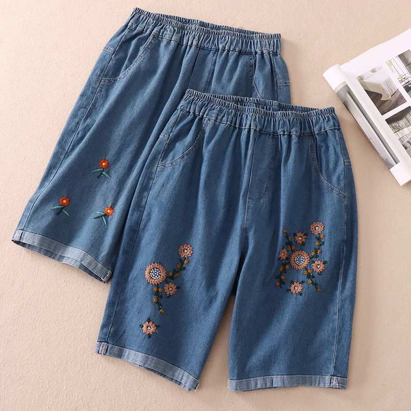 

Washed Cotton Shorts Three-dimensional Embroidery Floral Summer Jeans for Women with Thin Straight Leg Pants Women Jeans