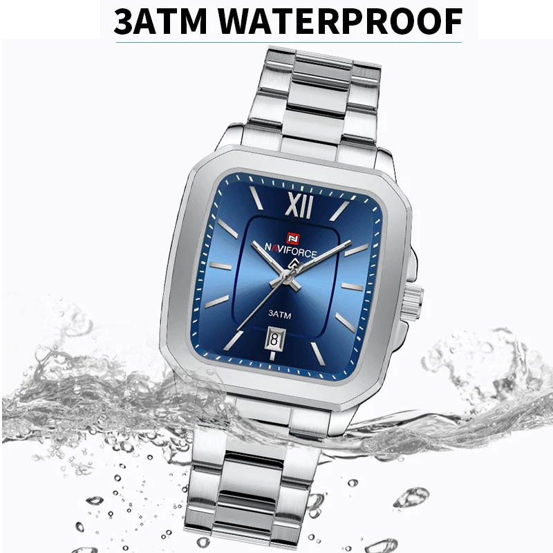 NAVIFORCE reloj deportivo informal para amantes, banda de acero inoxidable, ventana de visualización de fecha, reloj de pulsera para pareja, reloj cuadrado de cuarzo resistente al agua