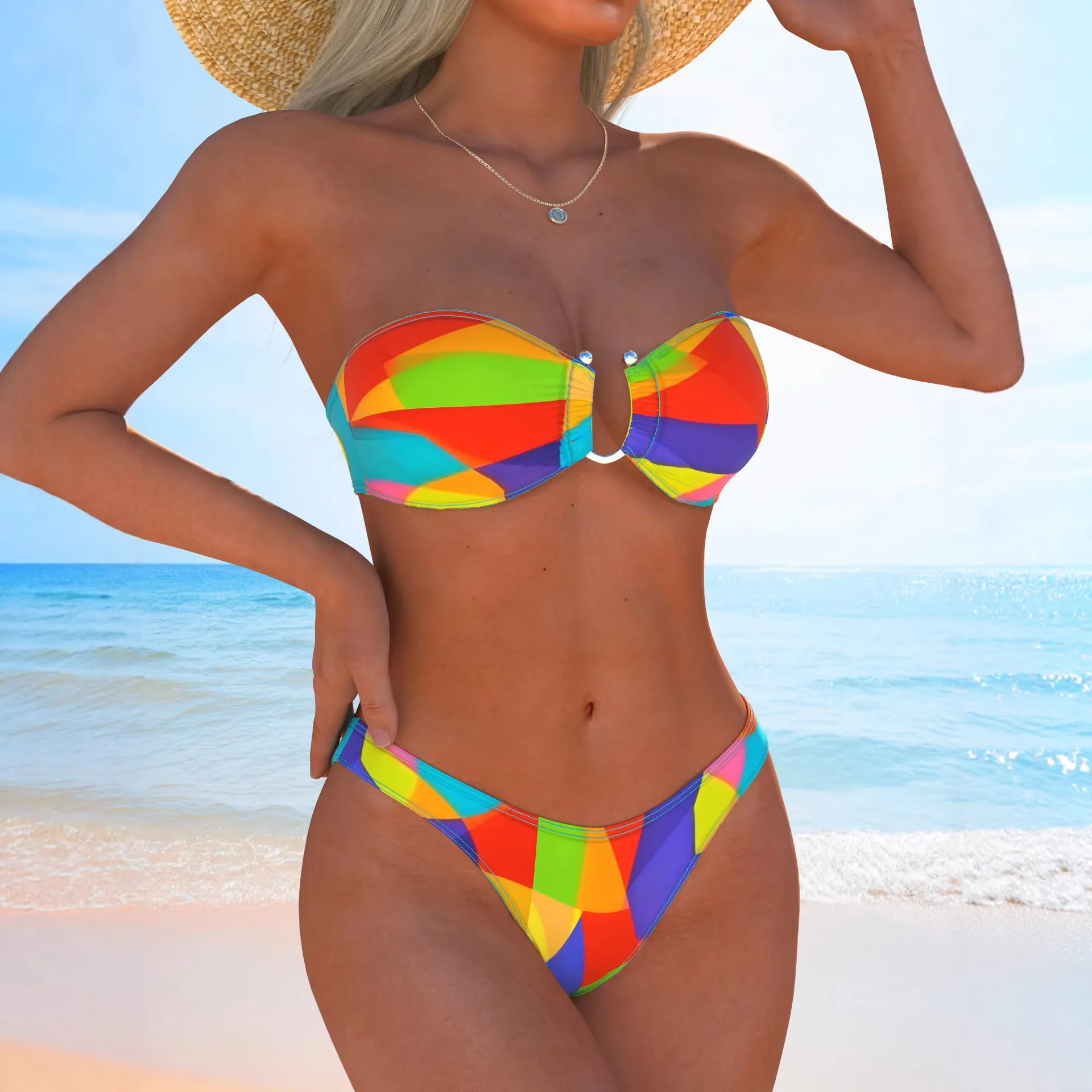 New Summer Women's Sexy and Fashionable Printed Strapless Cut-out Split Bikini Swimsuit