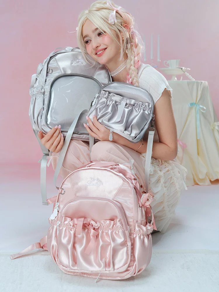 

2025 Summer New Japanese College Style Satin Bow Backpack Lta Bag Girl Lolita Baby Bags Multi-functional Removable Backpack