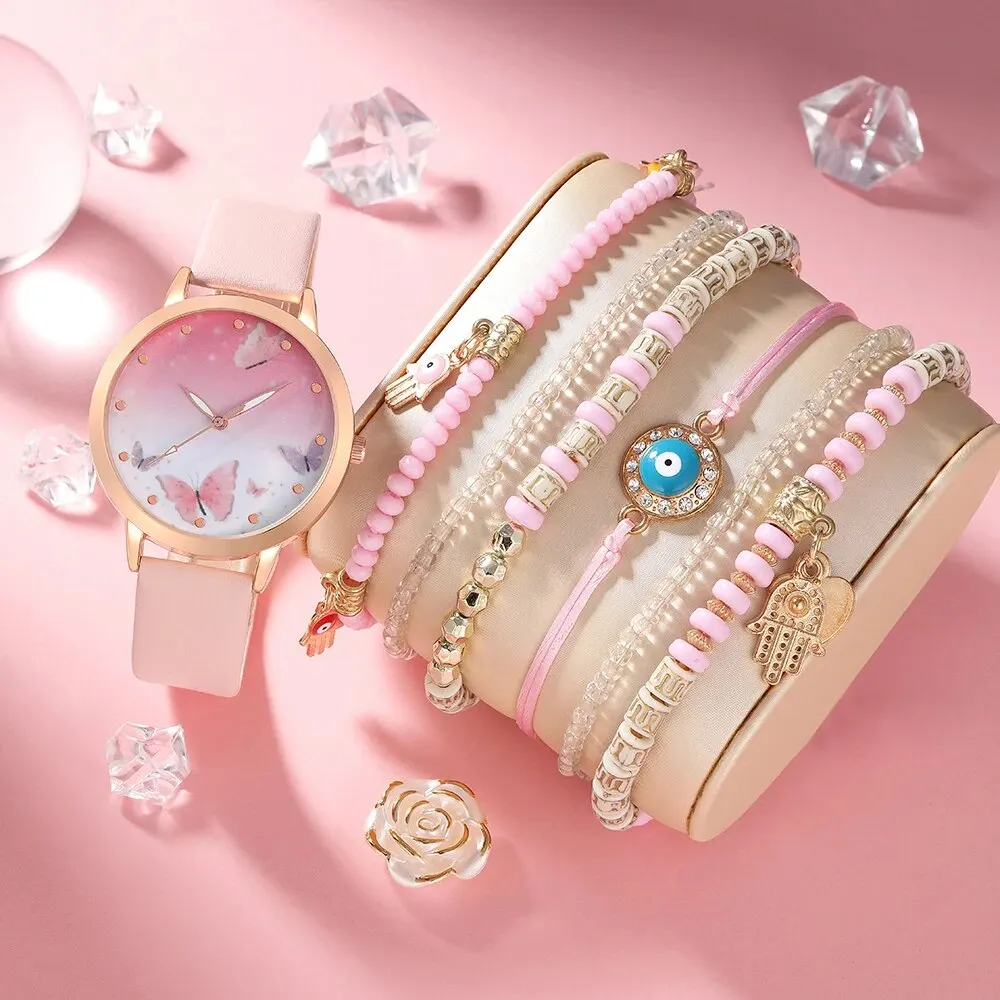 7pcs Women's Watch Set Fashion Casual Pink Leather Butterfly Quartz Watch Fashion Casual Bracelet Watch Set