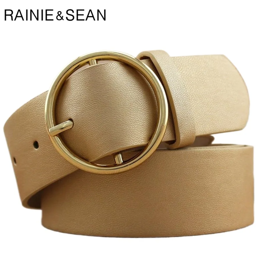 

RAINIE SEAN Golden Belt Circle Leather Belt for Trousers Female Solid Black Gold Pin Buckle Casual Waist Belts for Women Fashion