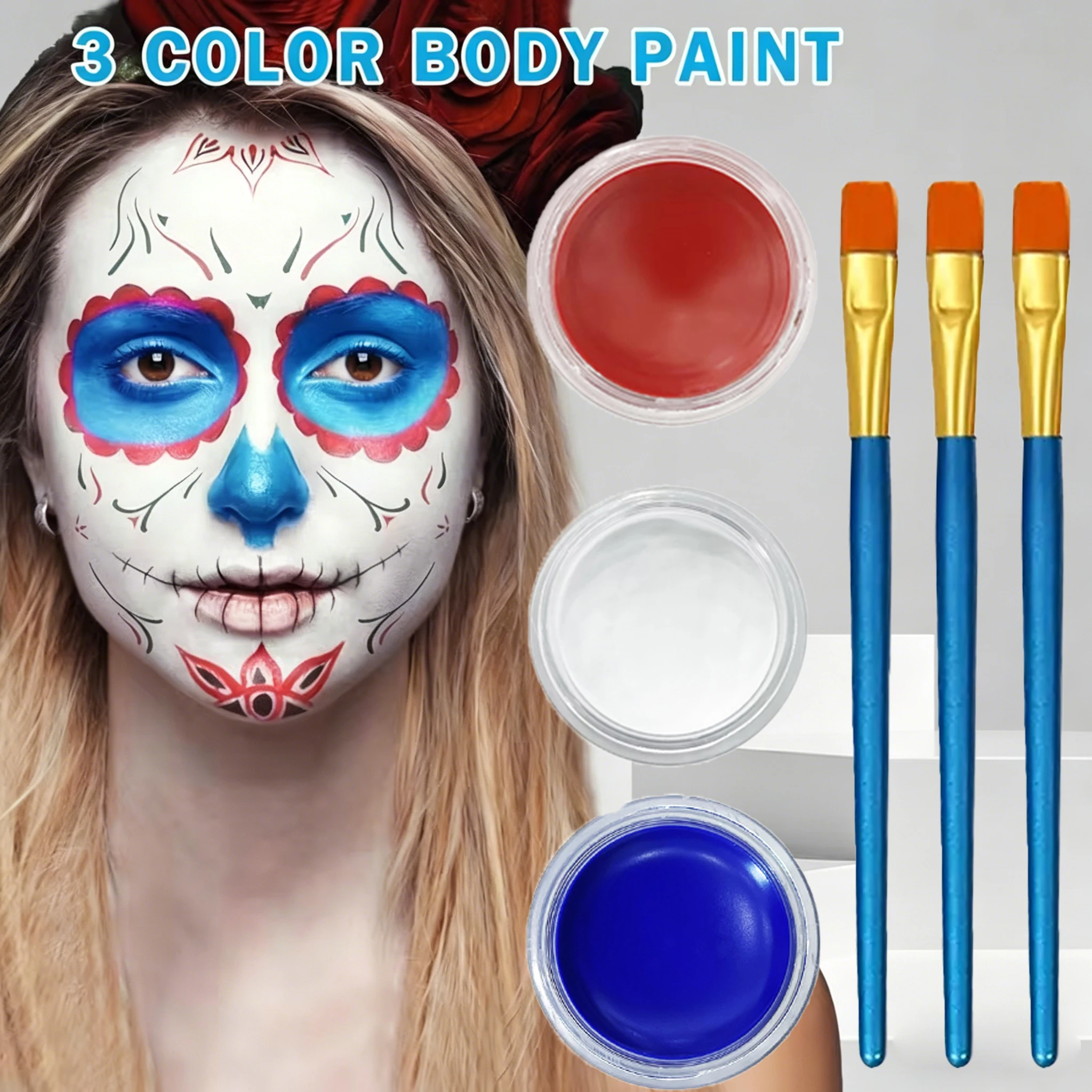 Kit de pintura facial y corporal rojo, blanco y azul con 3 pinceles, juego de pintura facial lavable no tóxica, para eventos deportivos, maquillaje para fiestas de carnaval