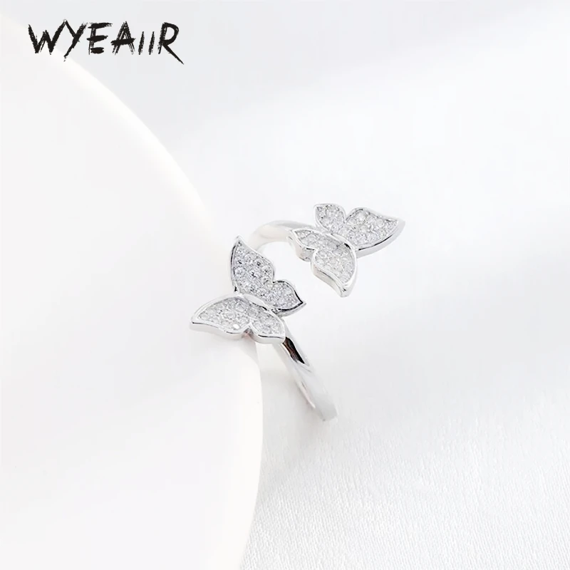 

WYEAIIR 925 Sterling Silver Diamond Shiny Butterfly Cool Resizable Opening Ring For Women Luxury Jewelry