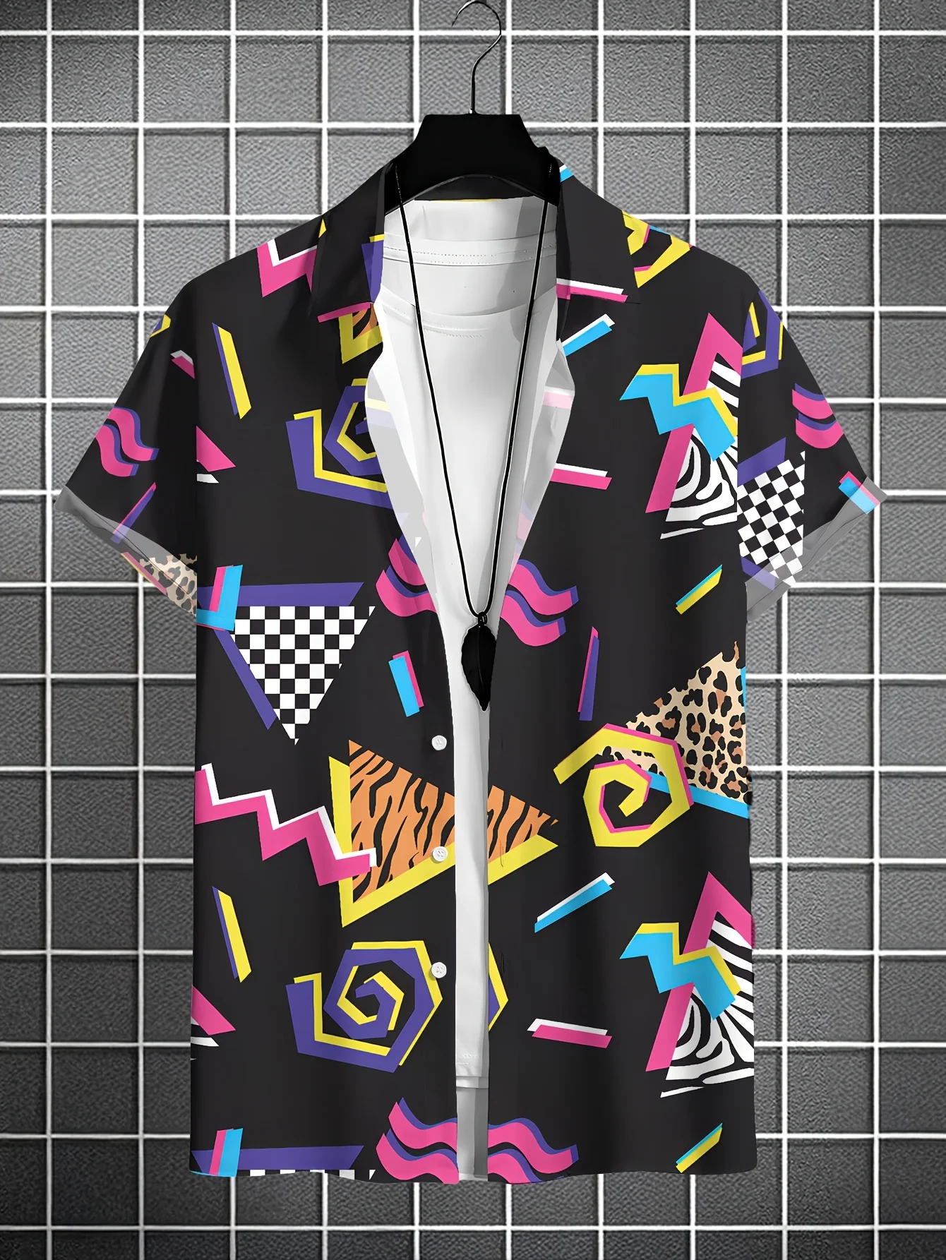 Men 80s Retro Memphis Geometric Leopard Zebra Check Patch Print Cuban Collar Short Sleeve Shirt