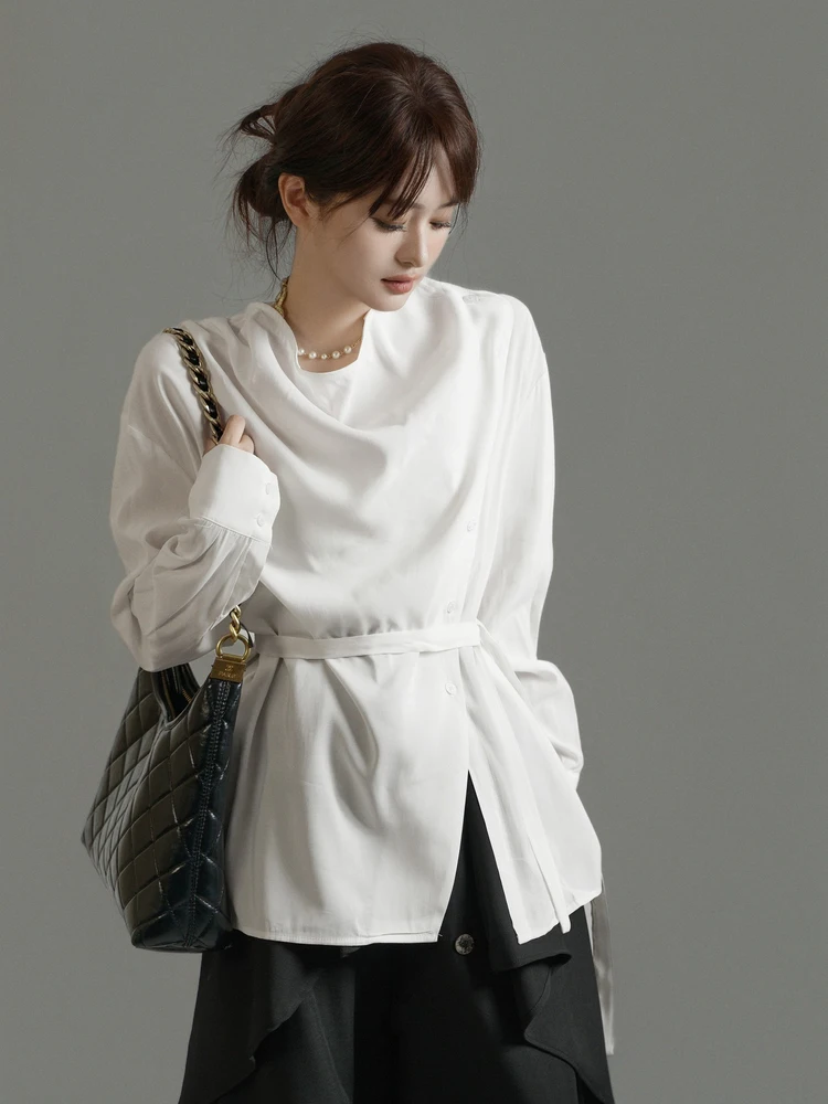 

Женская рубашка с асимметричным подолом, свободного кроя, из высококачественного полиэстера, с длинным рукавом, в деловом стиле