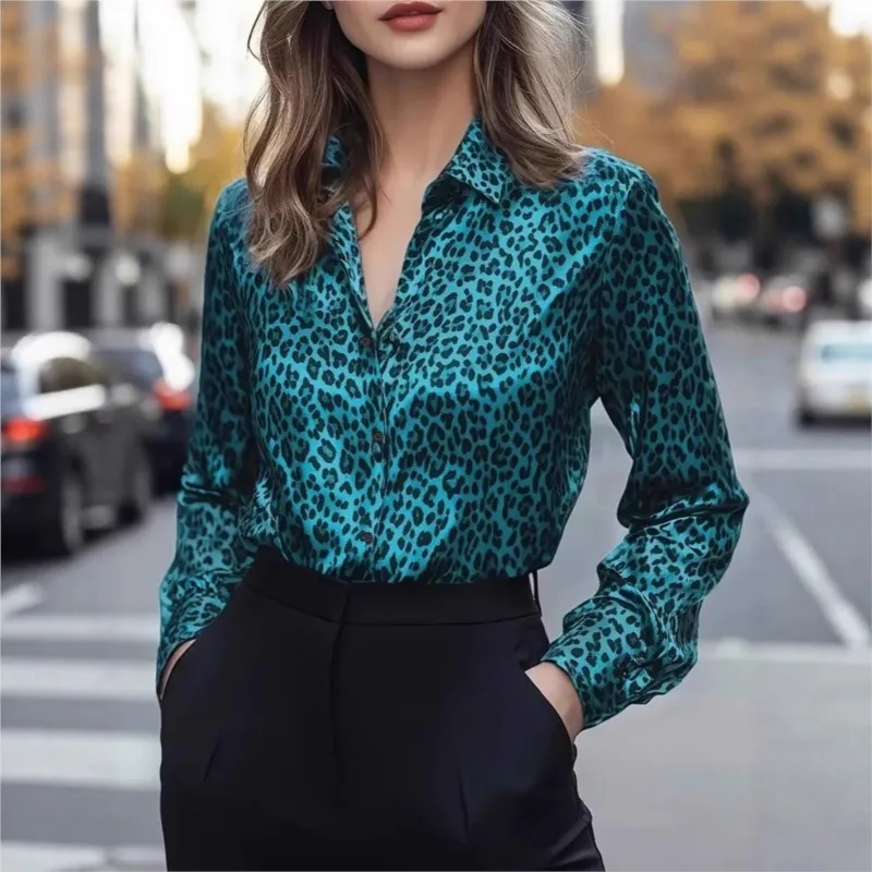 

Women Leopard Print Elegant Shirts & Blouses Autumn Long Sleeve Lapen Vintage Button Up Shirt Office Lady Chic High Street Top