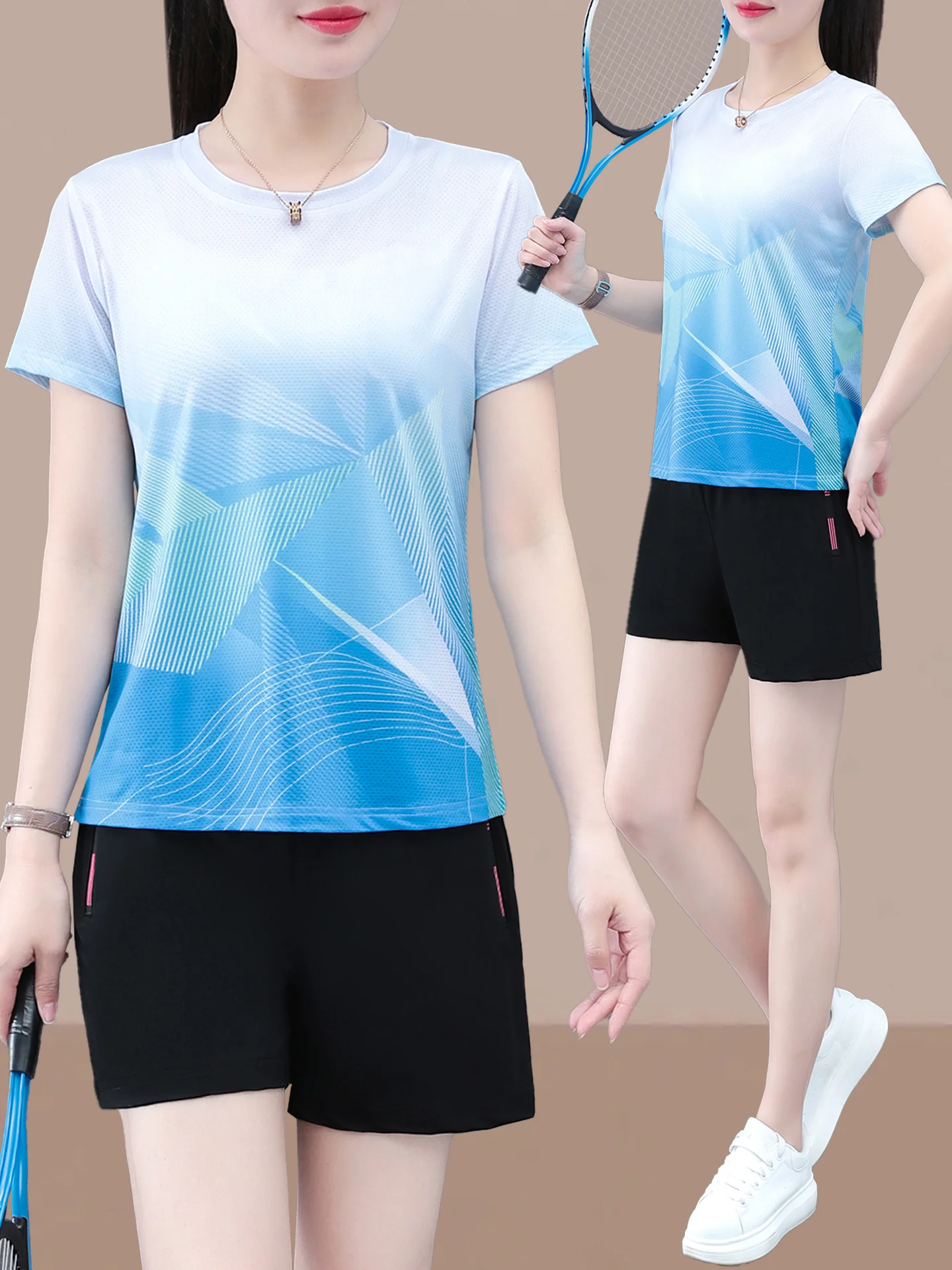 

Спортивный комплект Qui Dry, женский летний тонкий костюм для бадминтона, повседневный тренировочный комплект для бега, Fitn ort Sve orts, комплект из двух предметов