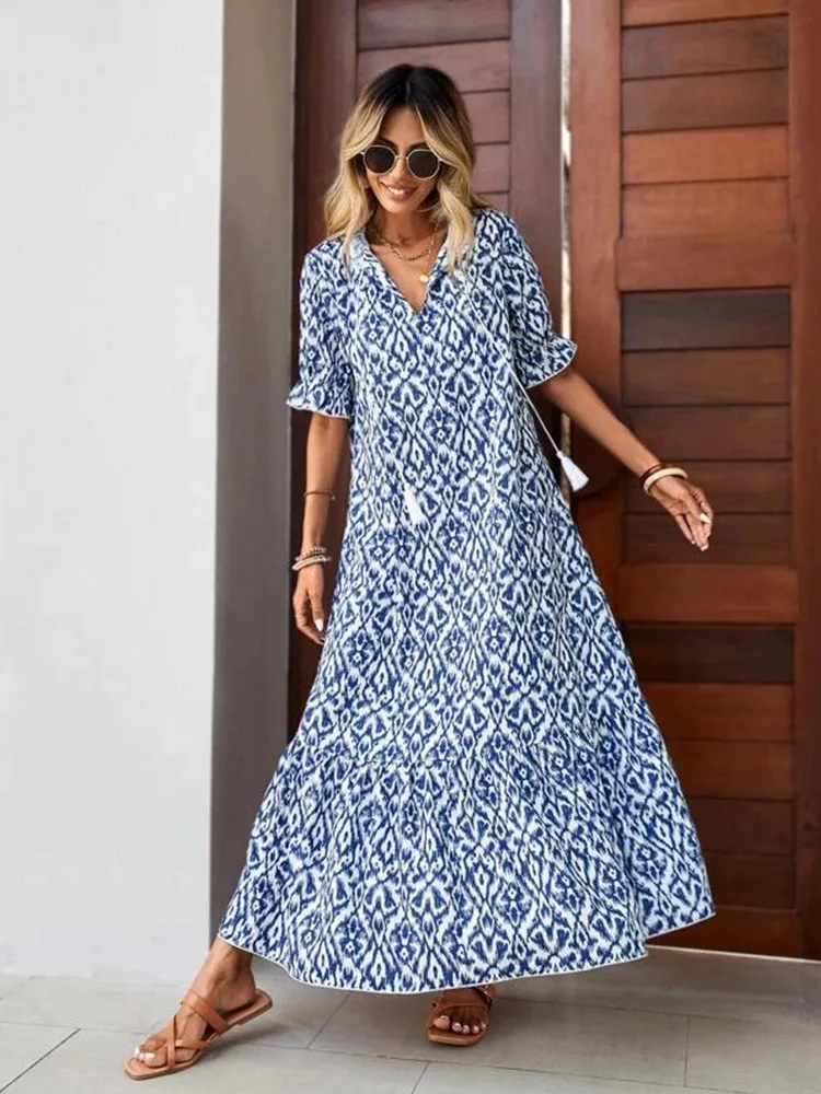 Women\'s Summer Chiffon V Neck Short Sleeve Floral Flowy A Line Maxi Dress Boho Flounce Tiered Swing Long Beach Dresses