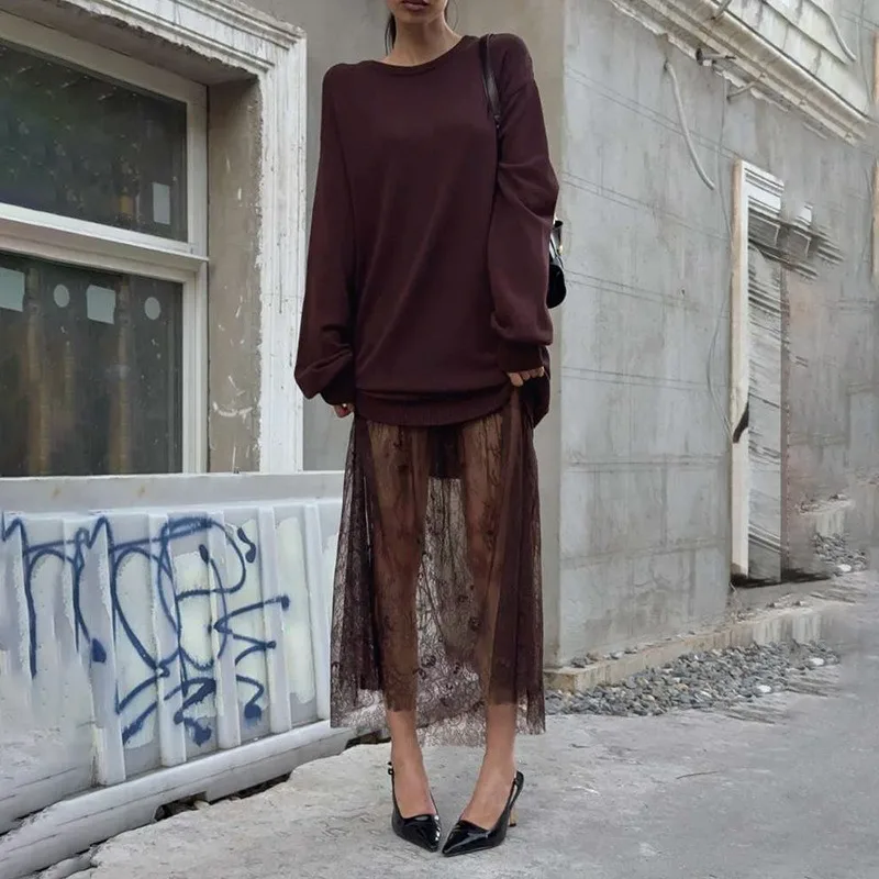 

Tuularose Lace Dress Set Women Solid Casual Loose Pullover Sexy See Through Lace Skirt Set Elegant Luxury Resort Women Dress Set