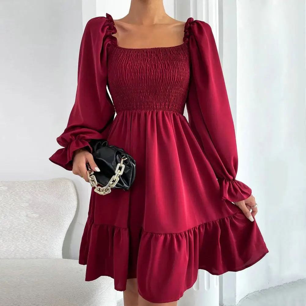 Women Pleated Ruffle Hem Dress Wrapped Chest Square Collar Long Sleeve High Waist Mini Dress Loose Hem A-Line Sundress vestidos