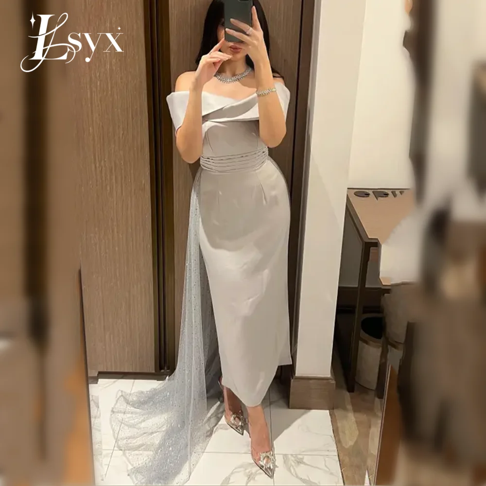 LSYX Grey Elegant Off Shoulder Evening Dress Detachable Train Mermaid Prom Dress 2023 Sexy Knee Lenght Party Dress Side Train