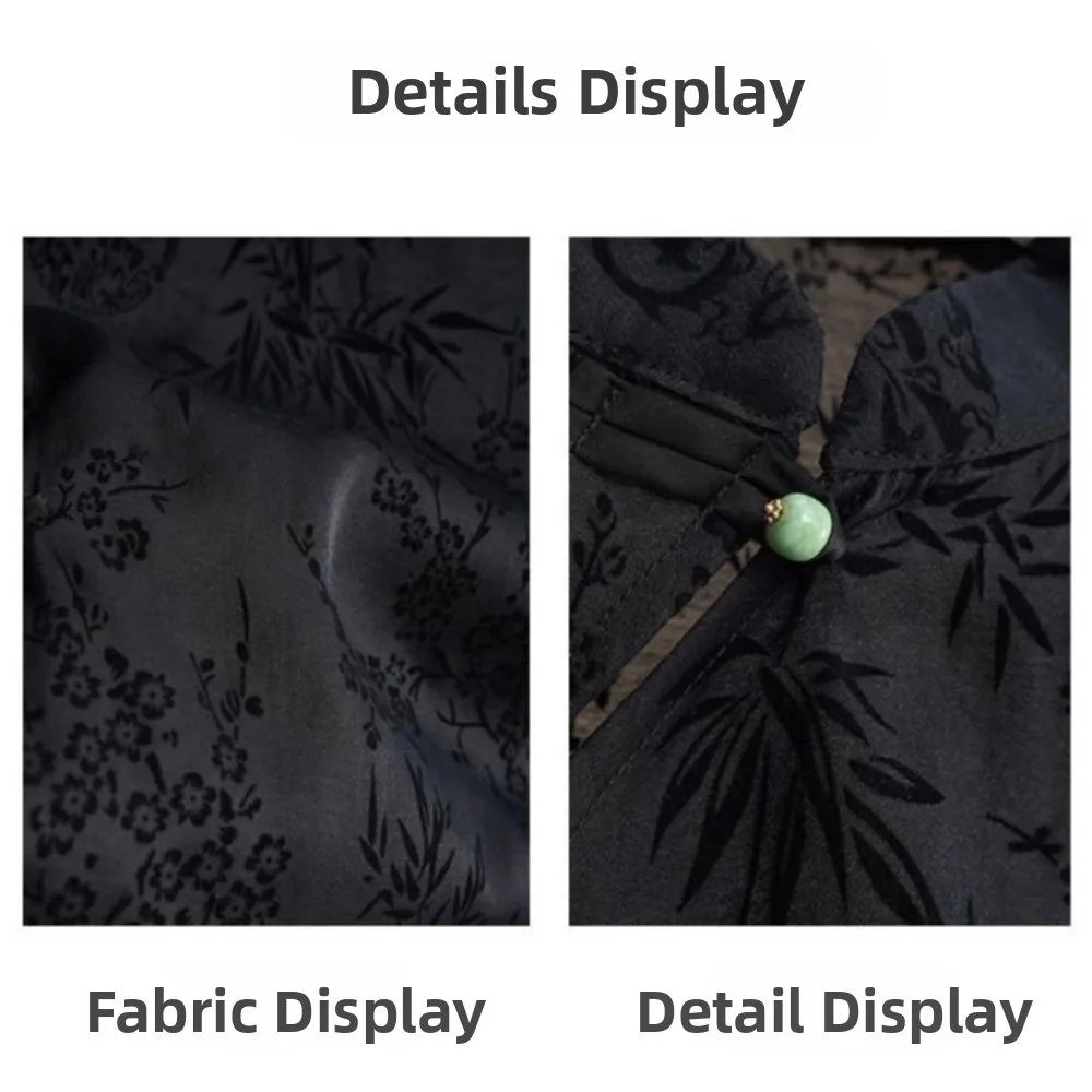 Thin Fabric Cheongsam T-Shirt Short Sleeve Jacquard Weave Slanting Lapel Top Summer Weight Black Color Black Jacquard Shirt
