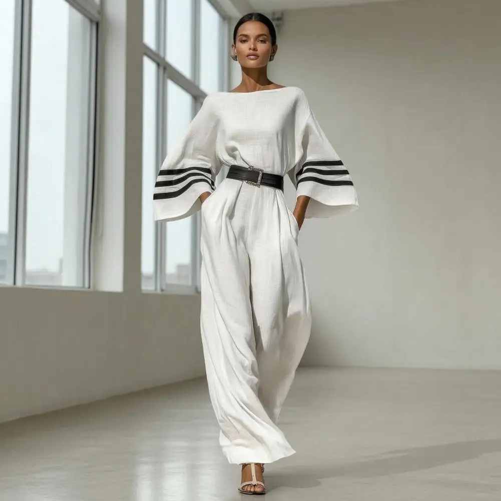 Casual Boat Neck One Piece Outfits with Pockets Women's Color Block Jumpsuit, Batwing Long Sleeve Wide Leg Rompers,