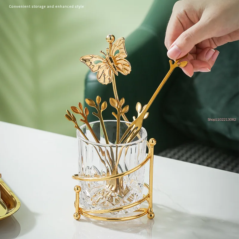 

Stainless Steel Fruit Fork Spoon Set Tableware Storage Rack Golden Cup Holder Home Dessert Cake Decoration