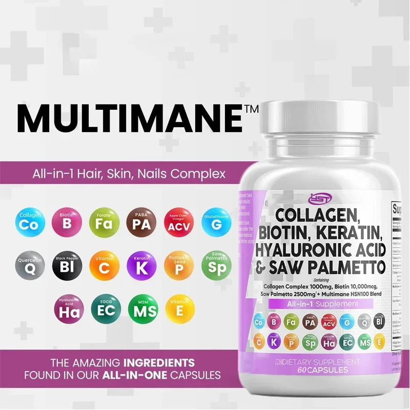 Collagen Pills Biotin Keratin Saw Palm Hyaluronic Acid Hair, Skin and Nails Vitamin E Folate Pumpkin Seed 60 Pills