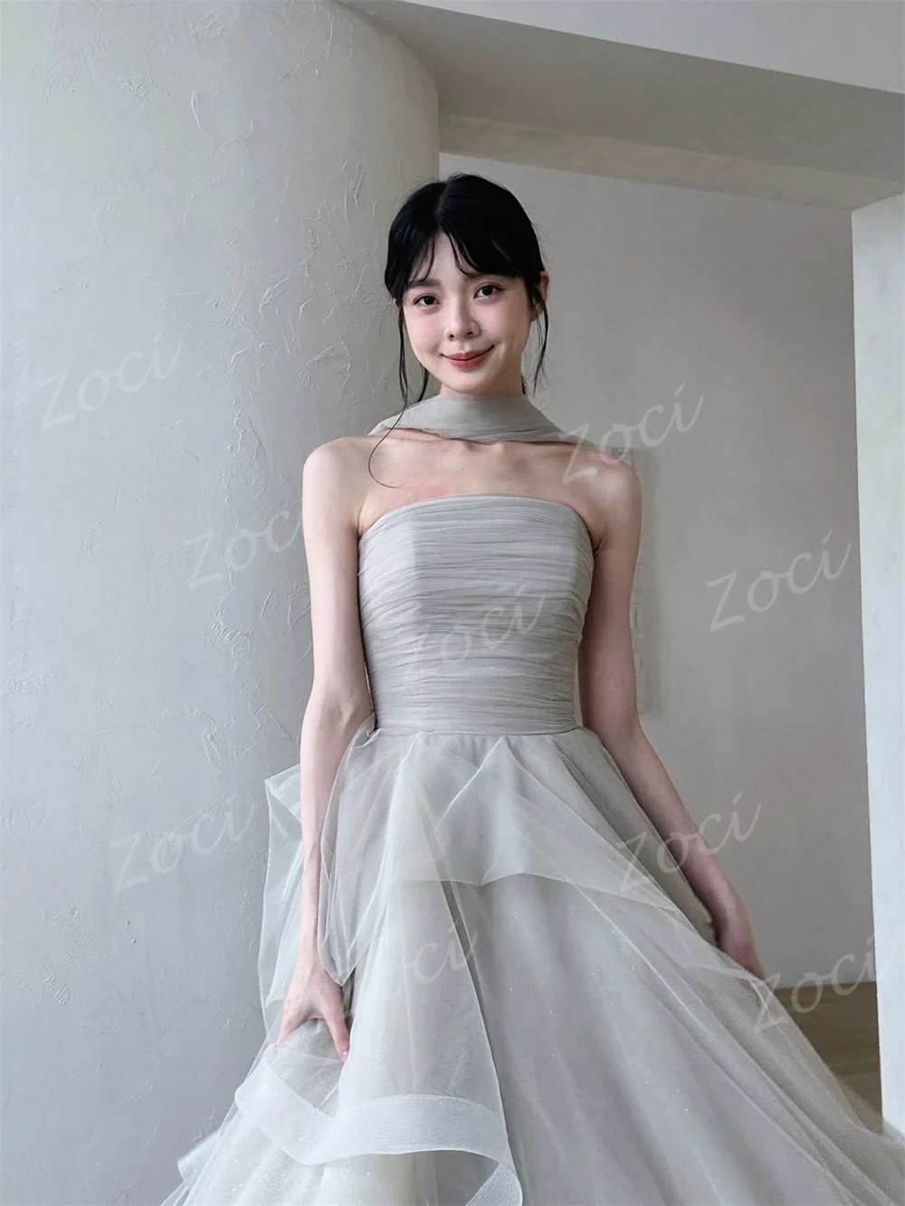 Zoci Simple Strapless Soft Tulle Korea Prom Dresses Customised Tiered Lace Up Evening Gowns Wedding Photo shoot Performance Gown