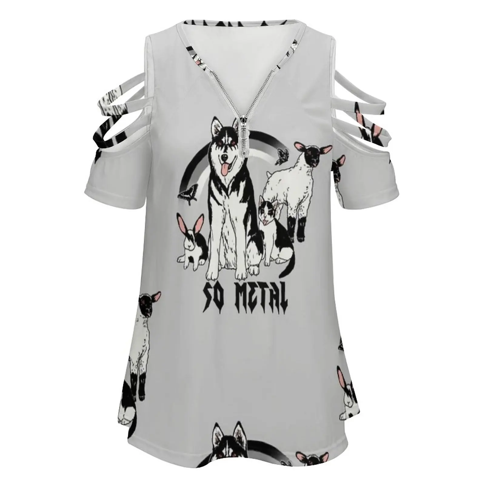 Metal Animals New Fashion Zip Off Shoulder Top Short-Sleeve Women Shirt Husky Bunny Rabbit Lamb Sheep Metal Cat Kitty Dark