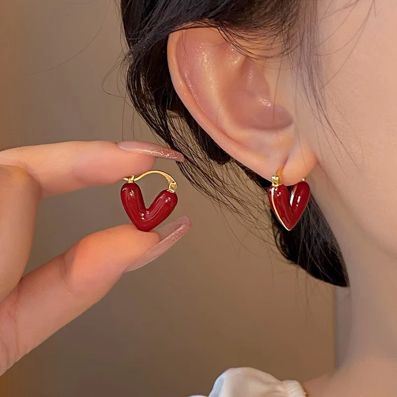 French Romantic Wine Red Enamel Heart Shaped Pendant Earrings Fashion Jewelry For Women Eardrop Accessories