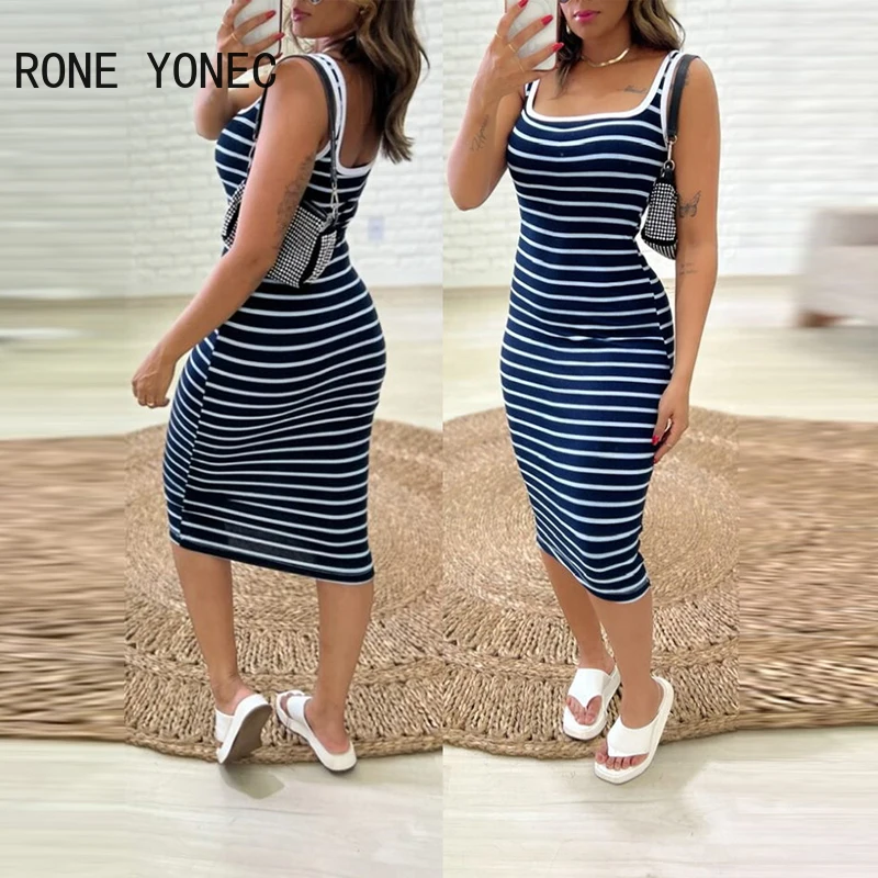 2024 Women Casual Tank Striped Pattern Sleeveless Midi Skinny Sexy Dress