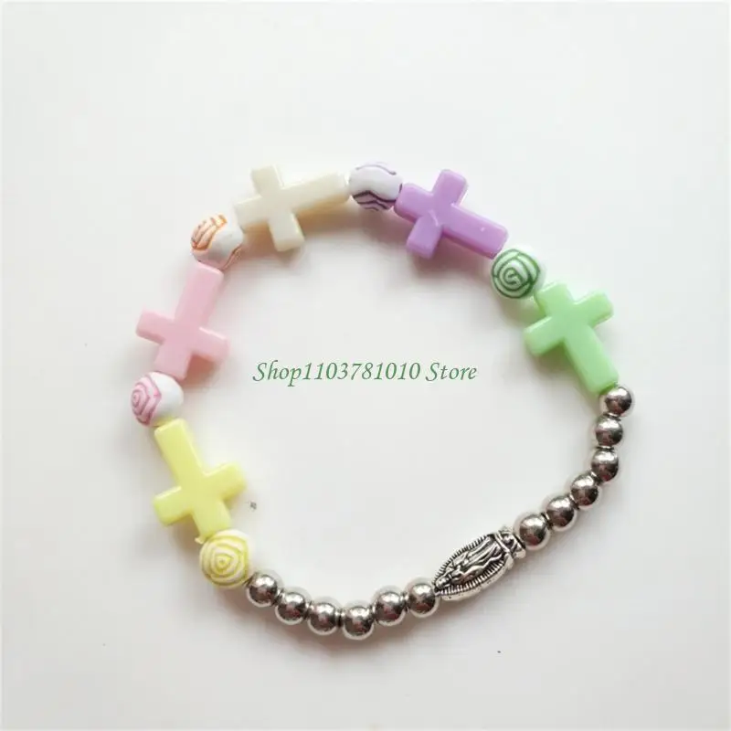 U55D Women Beaded Stretch Rosary Bracelet with Baptism Rosaries Bangle Prayer