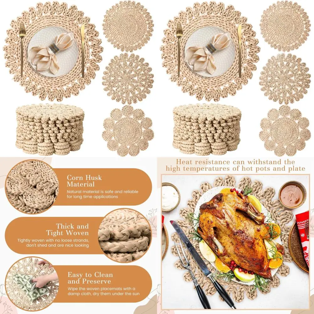 

12 Pack Large 15 Round Natural Wicker Placemats, Bohemian Rattan Table Mats for Rustic Farmhouse Dining and Holiday Celebrations