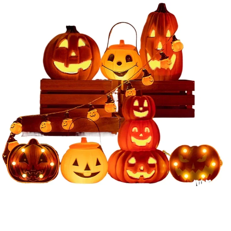 

Halloween party store atmosphere decoration scene layout, luminous pumpkin lights string spider ornament