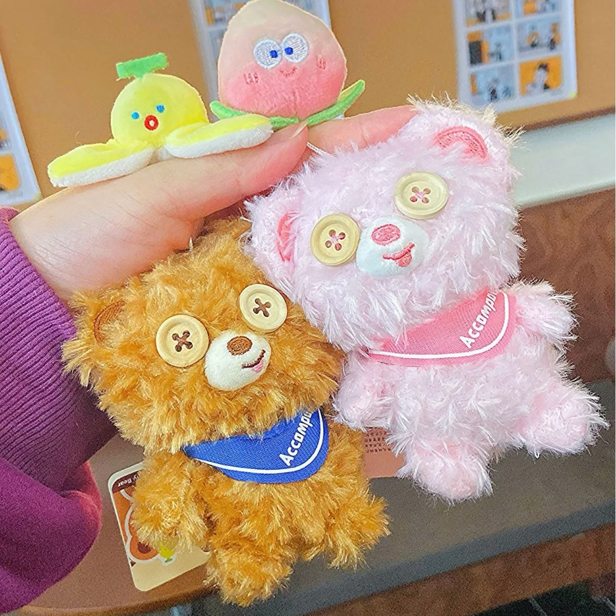 Ins Bear Plush Doll Keychain Pendant Top Of The Head Fruit Bear Pull-wire Plush Doll Toys Fun Stress Relief Backpack Pendant