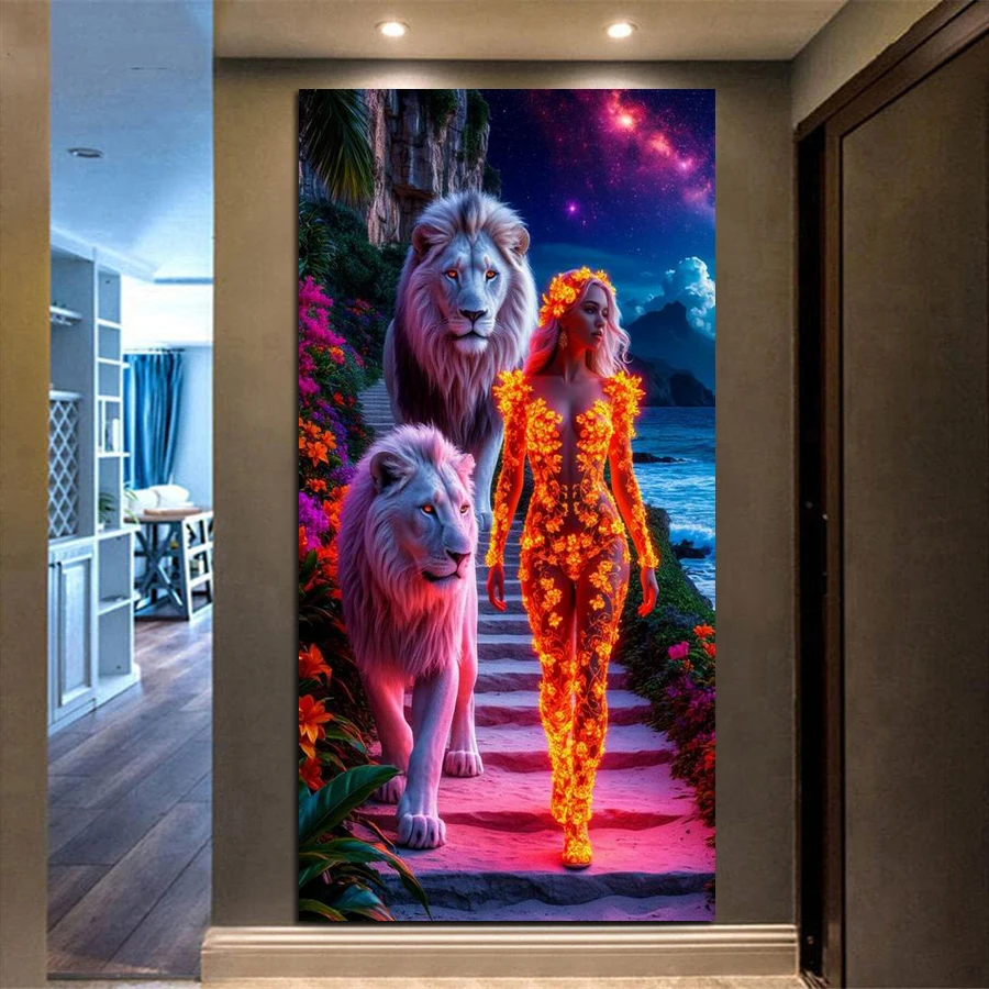

Fullcang White Lion and Sexy Woman Picture Large Size Diy Diamond Arts Painting Animals Cat Full Drill Mosaic Embroidery Kits