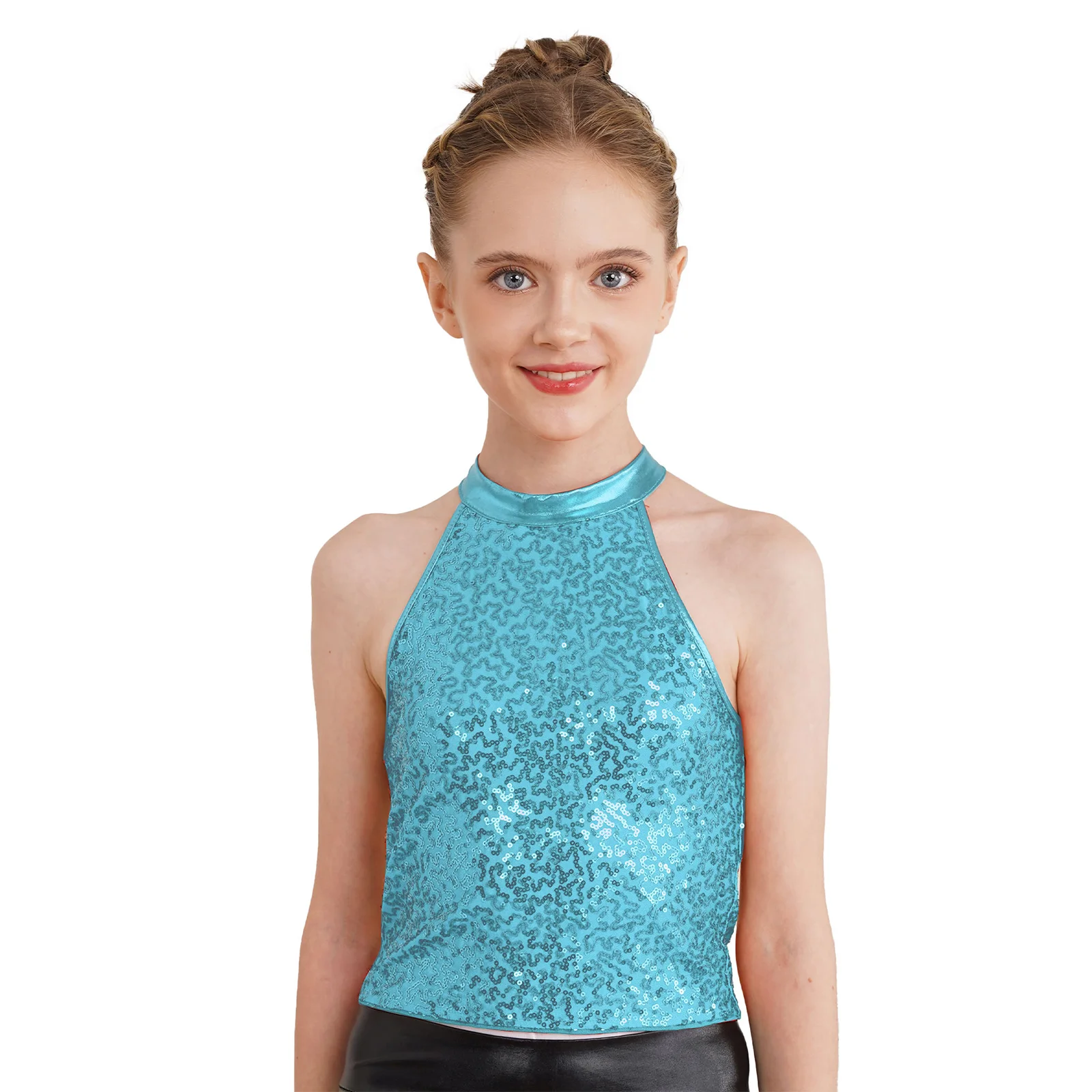 

Kids Girls Cheerleading Team Dance Stage Performance Costumes Sparkling Sequin Halter Crop Top Sleeveless Backless Tank Tops