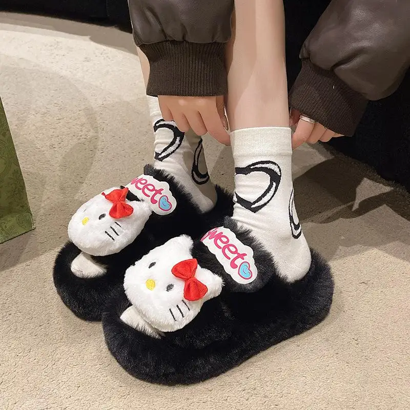 Hello Kitty Plush Slippers Sanrios Anime Winter Kawaii Cartoon Cute Warm Thick Sole Cotton Home Slippers Leisure Fashion Shoes