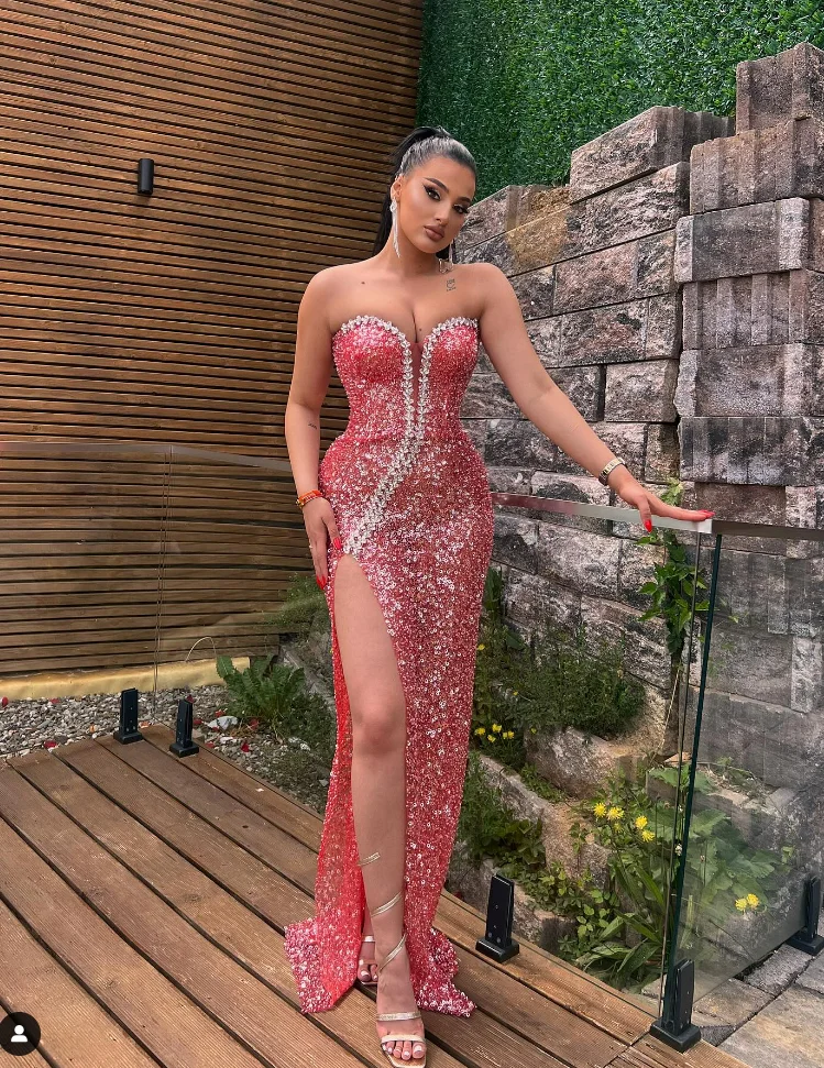 Women Sexy Sparkle Rhinestone Red Sequin Maxi Long Dress Luxury Elegant Birthday Party Club Evening Stage Performance Costume