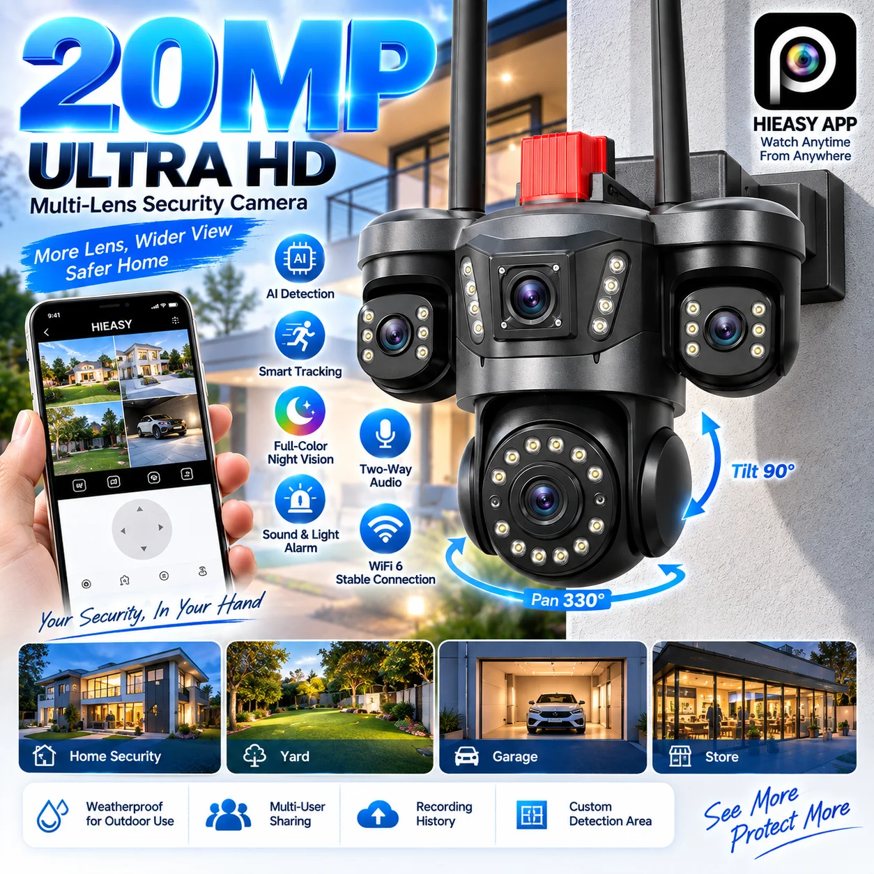 20MP 10K 4 Lens 4 Screen PTZ Security Camera Outdoor WiFi IP Camera Auto Tracking 16X Zoom 360° View CCTV Surveillance Camera