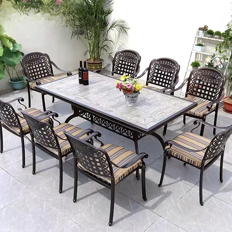 

Outdoor villa cast aluminum long table leisure courtyard garden tile parquet table waterproof sunscreen terrace all aluminum