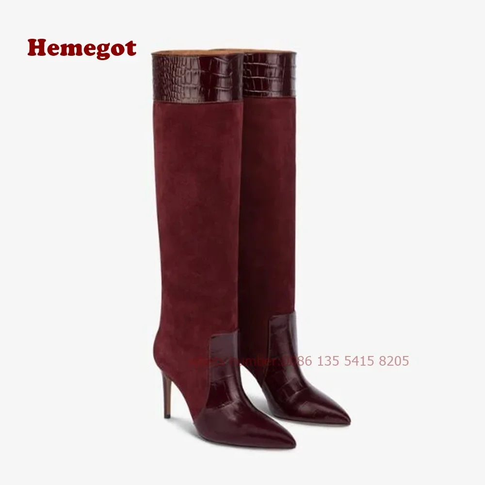 Long Pointed Boots Croco-Embossed and Suede Patchwork Women\'s Knee High Boots Thin Heels Slip On Glossy Brand Casual Shoes 2024