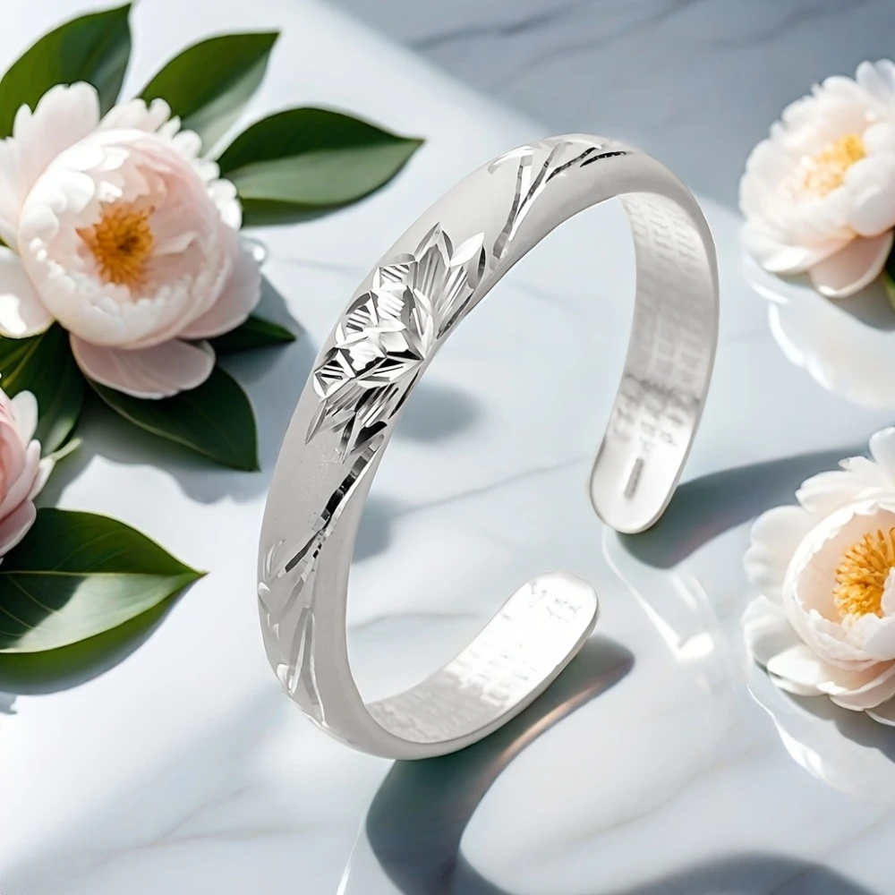 OUYADI Fashion 999 Sterling Silver Lotus Open Bangle Ethnic Style For Ladies With Inner Scripture Pattern Premium Jewelry Gift