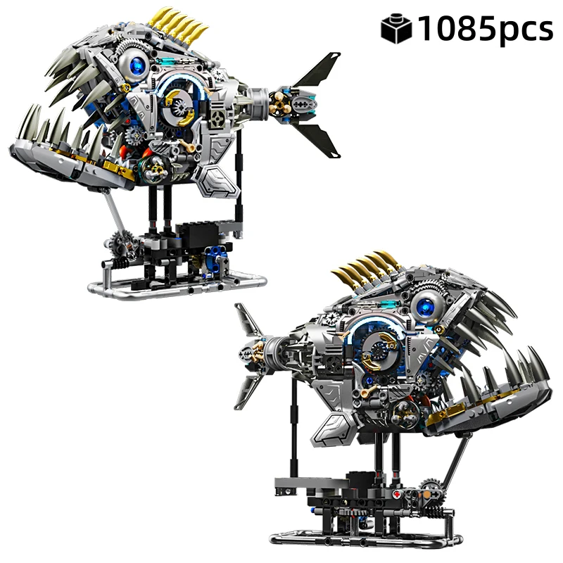 MOC Creative Mechanical Piranha Building Blocks อิฐจําลองสัตว์ทะเล Light ปลารุ่นประกอบของเล่นเด็กของขวัญวันเกิด