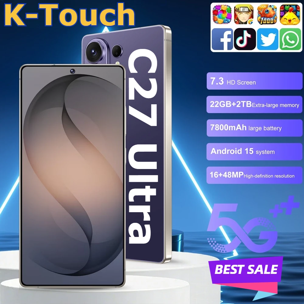 Téléphones mobiles K-Touch C27 Ultra 5G, smartphone double carte SIM, écran 7,3 pouces, Android 15, appareil photo 16+48MP, batterie 7800mAh, déverrouillage facial, WIFI, GPS, téléphones portables pour hommes et femmes